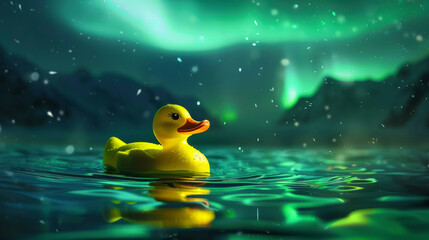 Rubber duck floating in mystical northern lights