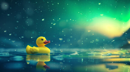 Yellow rubber duck floating in tranquil night water