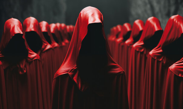 People in red cloaks and hoods perform a magical sectarian religious ceremony. The black magicians of the sect perform the rite