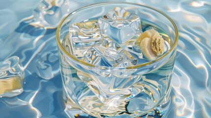 Transparent glass filled with ice cubes and water close-up - obrazy, fototapety, plakaty