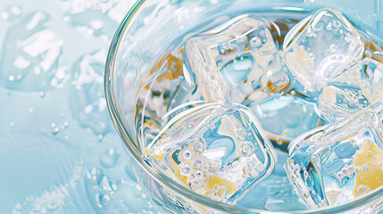 Close-up view of ice cubes and bubbles in a glass - obrazy, fototapety, plakaty