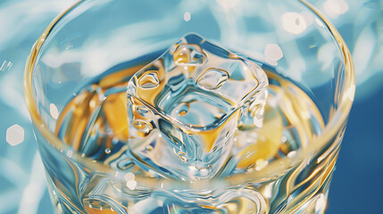 Close-up of ice cubes in a transparent glass with sparkling reflections - obrazy, fototapety, plakaty