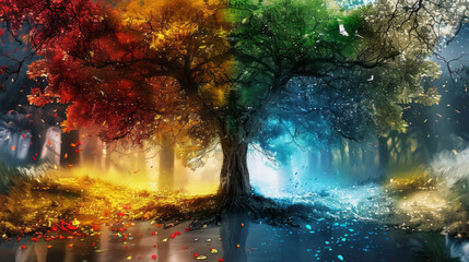 Stunning artwork of a tree showcasing the four seasons