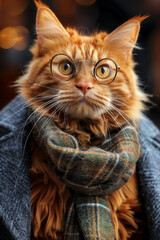 a fluffy cat in clothes and glasses