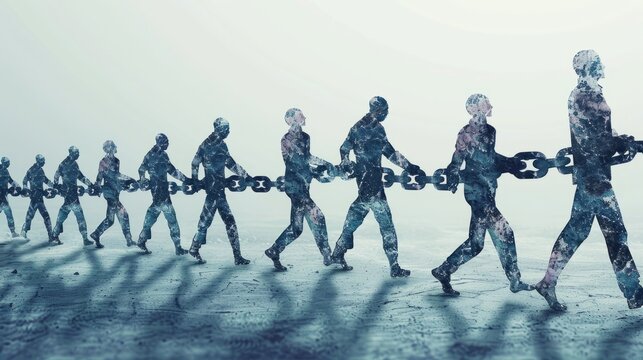 A line of people walking forward while chained together