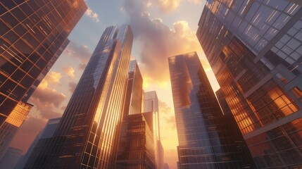 Skyscrapers against the sky high-rise buildings at sunset cityscape with skyscrapers 3D rendering 