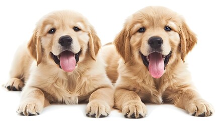 Two Playful Golden Retriever Puppies Grinning Side by Side on White Background