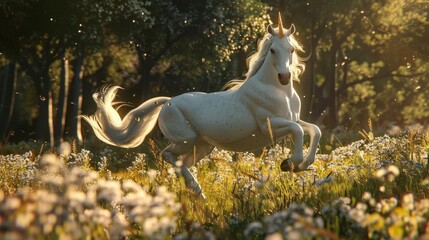 Illustrate a whimsical high-angle perspective of a graceful unicorn galloping across a dreamy meadow, its opalescent coat reflecting the soft sunlight, using CG 3D techniques