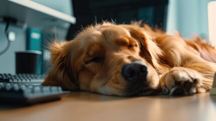 A serene scene of a dog resting their head on a desk, offering a calming presence and stress relief to their coworkers on Take Your Dog to Work Day.
