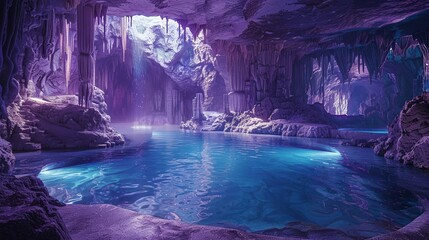 Subterranean lake in a cavern, the stones lit with a mystical purple luminescence contrasting the cool blues of the water.