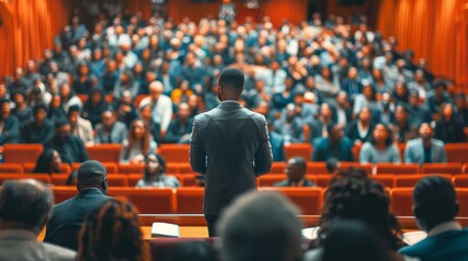Naklejka premium A man standing in front of a large audience giving a speech