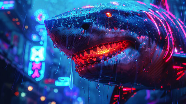The great white shark cruises through the city streets, its powerful jaws aglow with a menacing light