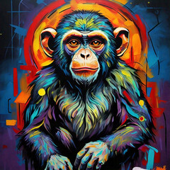 fantasy portrait of a monkey illustration with colorful paint splash on black background. Vector illustration for t-shirt design or gaming character	