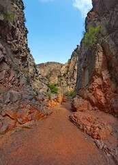 Northern Kyrgyzstan. Picturesque winding trails of the Kok Moinok canyons with red-brown rock along the Chu River.