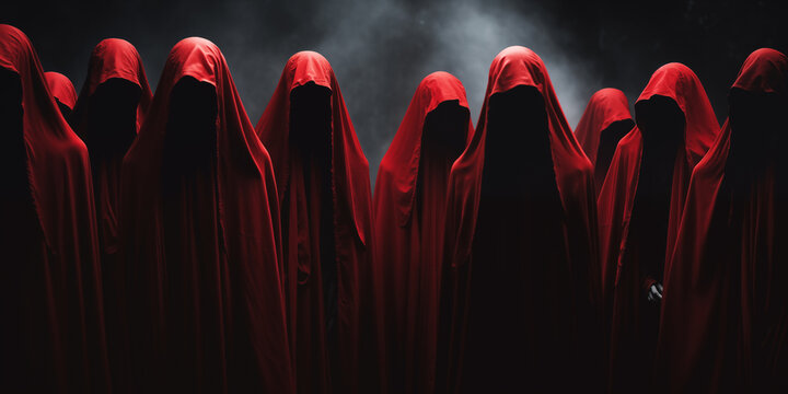 People in red cloaks and hoods perform a magical sectarian religious ceremony. The black magicians of the sect perform the rite