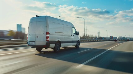 White modern delivery small shipment cargo courier van moving fast on motorway road to city