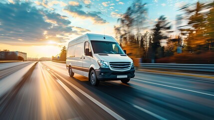 White modern delivery small shipment cargo courier van moving fast on motorway road to city