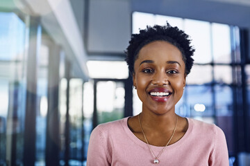 Happy, portrait and African business woman in lobby with confidence, smile and positive attitude....