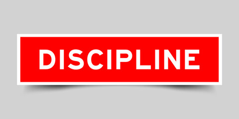 Red color square label sticker with word discipline that inserted in gray background