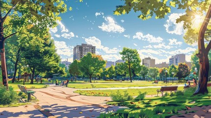 Fototapeta premium A park with a lot of trees and a blue sky