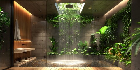 refreshing outdoor shower in modern bathroom, shower surrounded by tropical foliage.
