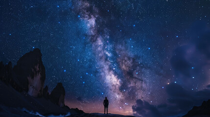A person stands in front of a mountain range, looking up at the night sky - obrazy, fototapety, plakaty