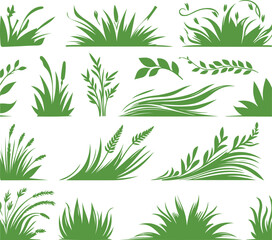 Green grass silhouette. Cartoon lines of plants and shrubs for boarding and framing, eco and organic logo element. Vector set spring bio field banner or fresh organic pasture