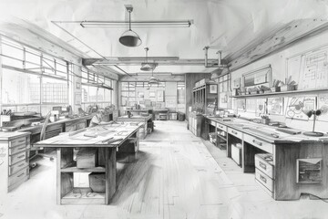 A pencil drawing of a large, open room with a high ceiling. There are several workbenches in the room, each with a variety of tools and materials on it.