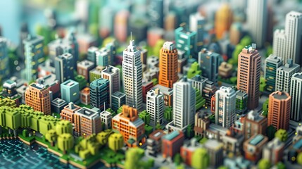 City buildings in pixel art, full city background blurre
