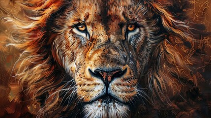 Naklejka premium Illustrate a wide-angle view of a lion in a traditional oil painting style, emphasizing its fierce gaze and intricate mane Incorporate vibrant colors to bring out the intensity of the scene, focusing