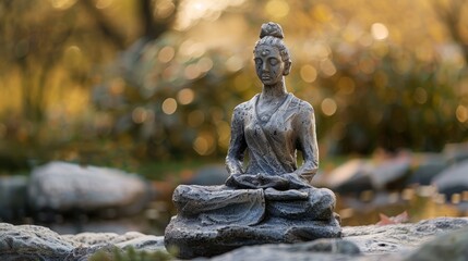 A stone statue of a woman in a yoga pose sits on a rock in a forest setting.