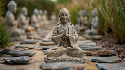 A stone statue of Buddha sits in a garden of stone statues of Buddha.