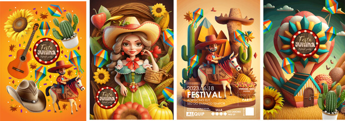 Vibrant Festa Junina celebration banners featuring traditional symbols like sunflowers, guitars, and colorful kites. Illustration for poster, banner, flyer, brochure or background. 3d