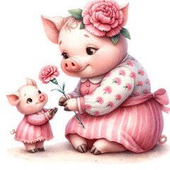 Fototapeta premium A sweet Mother's Day illustration showcasing a loving piglet presenting a pink carnation to its mother pig, capturing the essence of appreciation and affection.