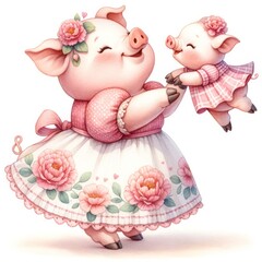 Adorable piglet in a pink dress being held up by its loving mother. Both wear flower crowns, showcasing the bond between parent and child. Cute cartoon illustration.