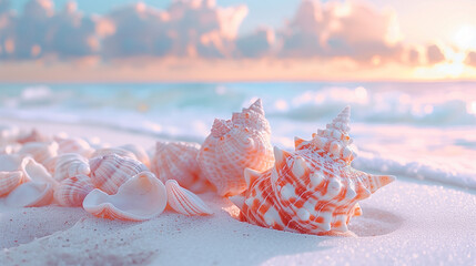 Beautiful paster colored seashells on the beach with cloudy sky