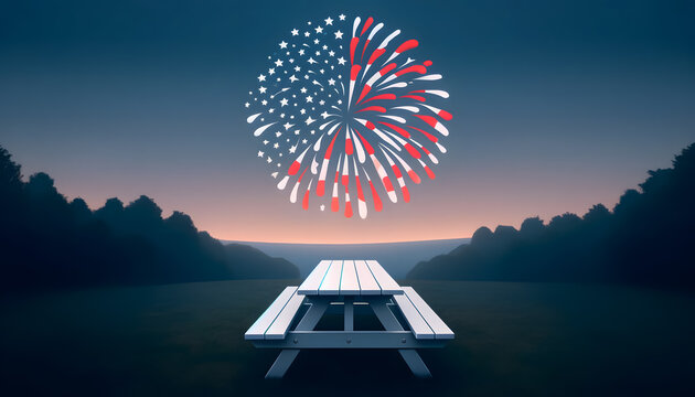 a serene park setting with a single white picnic table and a flag, complemented by a large firework pattern shaped like a star in the sky.