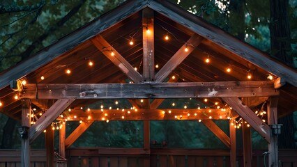 String Lights Adorning a Wooden Structure. Concept Rustic Vibe, Cozy Ambience, Illuminated Setting