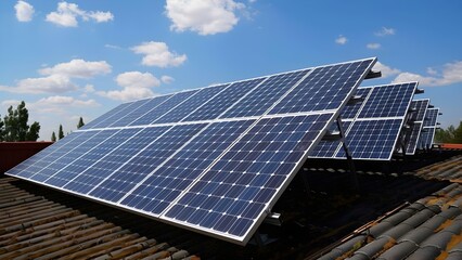 Worker installing solar panels on a roof to harness energy. Concept Solar Energy, Green Technology, Renewable Resources, Eco-Friendly Practices, Installing Solar Panels