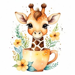 Cute baby giraffe in cup and flower, Giraffe Clip Art, Watercolor Illustration, isolated on white background
