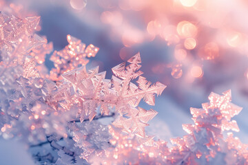 A close up of snowflakes with a pinkish hue