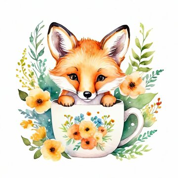 Floral Baby Fox Nursery in mug, Animal made for kids watercolor style 
