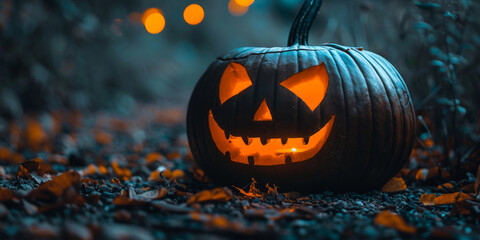 A pumpkin with a scary face is sitting on the ground - Powered by Adobe