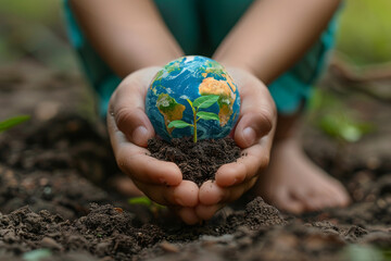 A child is holding a small globe with a plant growing out of it