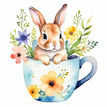 cute watercolor illustration for kids of a rabbit, clipart, white background