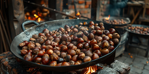 A pan of nuts is cooking on a fire