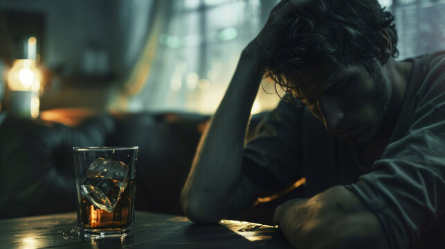 Man drinking alcohol. Alcohol addiction problem. Abuse alcohol drinking. Close up face of disturbed, troubled man. Feeling angry, resentful, humiliated. Depressive thoughts