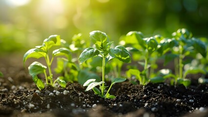 Growing Herbs in Rich Soil on a Sunny Day yields Vibrant Green Plants. Concept Gardening, Herbs, Natural Sunlight, Rich Soil, Vibrant Green Plants