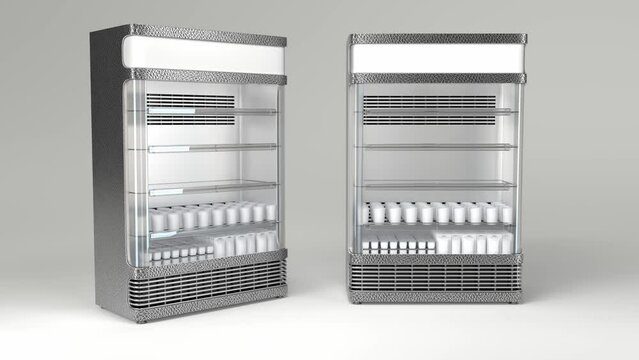 Empty commercial refrigerators are gradually filled with dairy products in plastic packaging. 3d animation on gray background