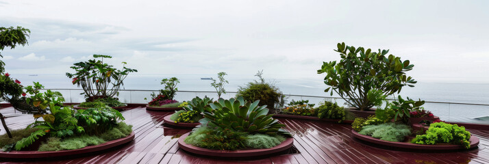 Coastal Viewpoint with Lush Greenery and Planted Containers on Seaside Deck - Powered by Adobe